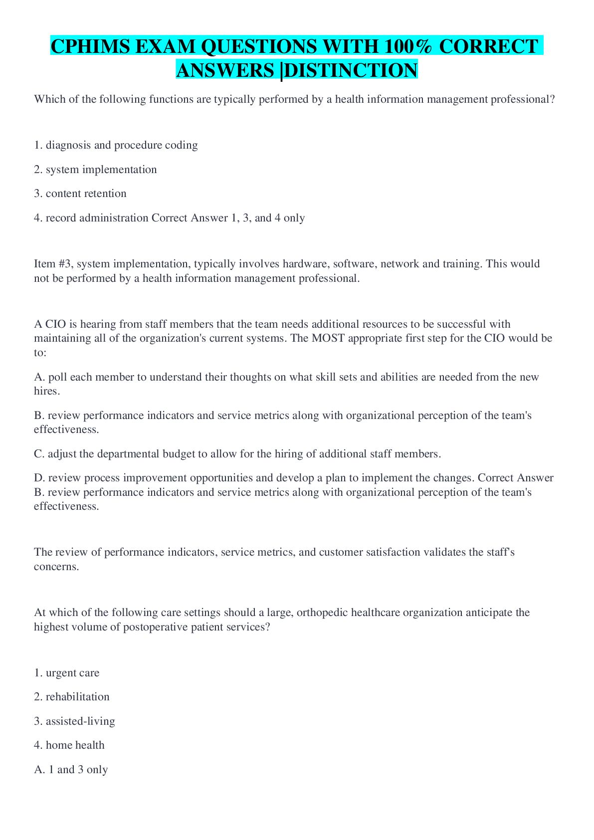 Preview image for CPHIMS EXAM QUESTIONS WITH 100% CORRECT ANSWERS |DISTINCTION